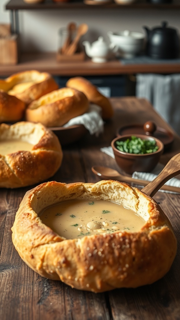 Freshly baked homemade bread bowls on a wooden table, ready to be filled with soup.